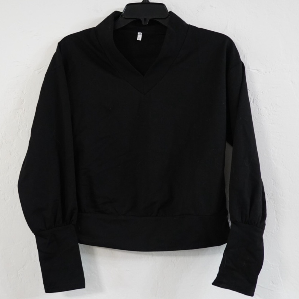 Black V-Neck‎ Pullover Blouse – Size Small, Long Sleeve with Wide Cuffs